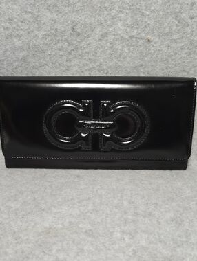 Salvatore Ferragamo Black Patent Leather Continental Wallet